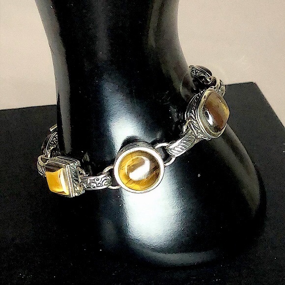 BARSE Sterling Silver Tigers Eye and Cats Eye Cabochon Toggle Bracelet - Picture 12 of 17